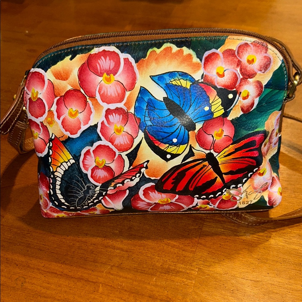 EUC Butterfly & Floral Sharif Handpainted Leather Crossbody Bag